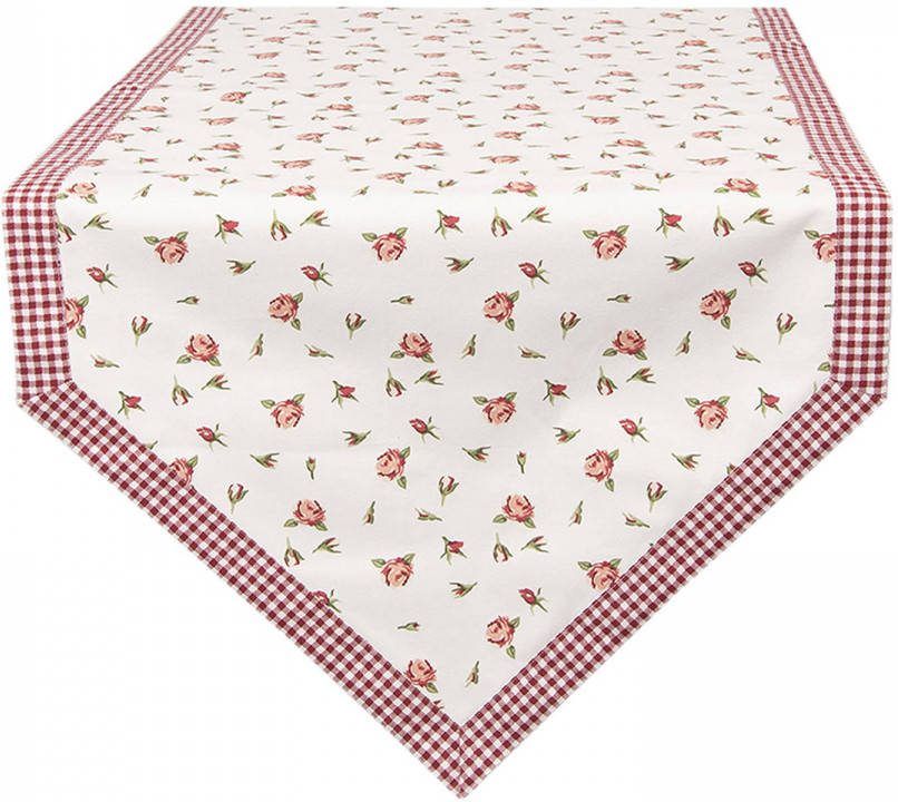 Clayre & Eef Tafelloper 50x160 Cm Rood Wit Katoen Rechthoek Rozen Tafelkleed Loper Tafeltextiel Rood Tafelkleed Loper