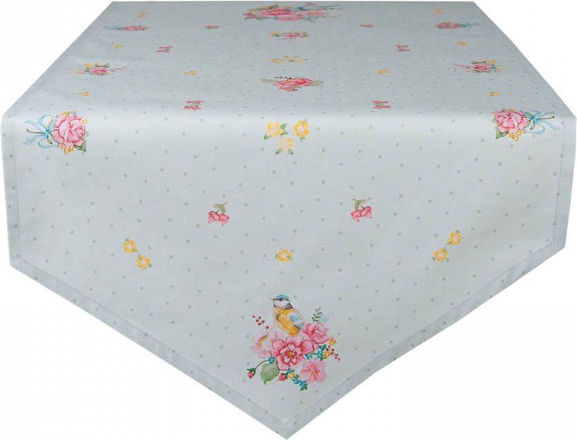 Clayre & Eef Tafelloper 50x160 Cm Groen Katoen Bloemen Tafelkleed Loper Tafeltextiel Groen Tafelkleed Loper