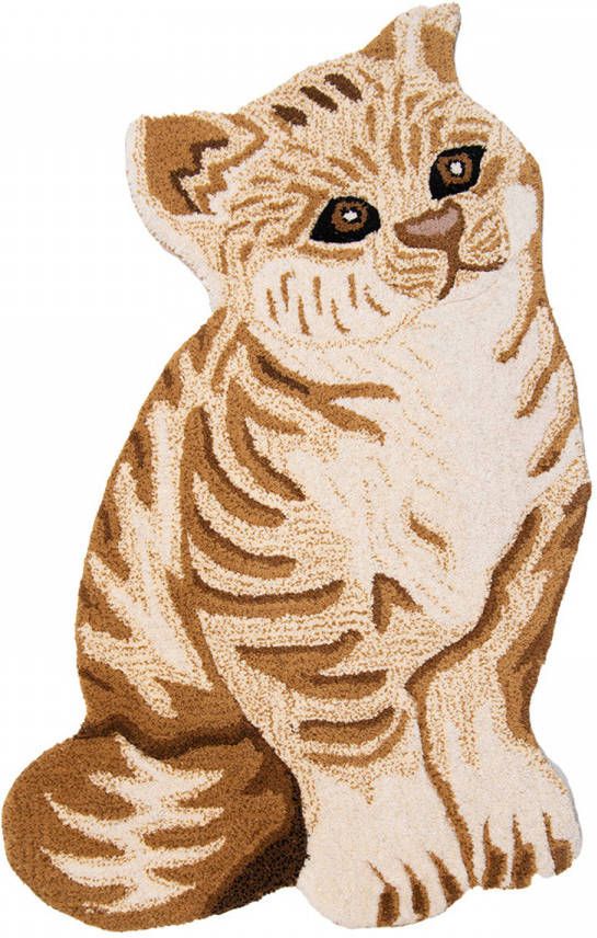 Clayre & Eef Vloerkleed Kat 60x90 Cm Wit Bruin Wol Tapijt Voetentapijt Wit Tapijt Voetentapijt