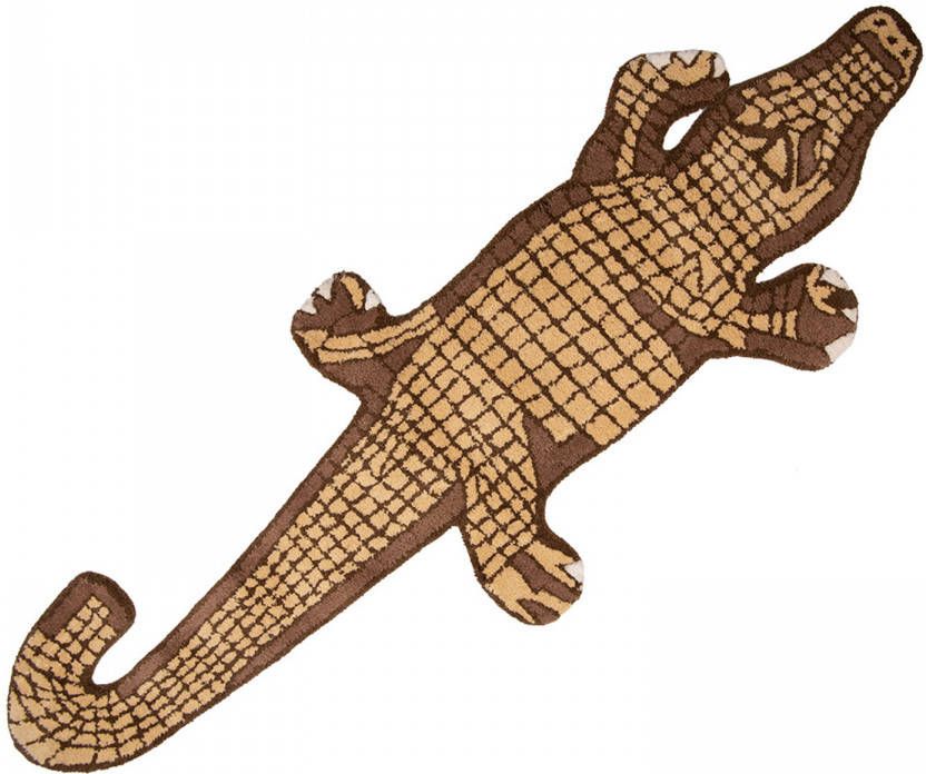 Clayre & Eef Vloerkleed Krokodil 152x54 Cm Bruin Wol Tapijt Voetentapijt Bruin Tapijt Voetentapijt