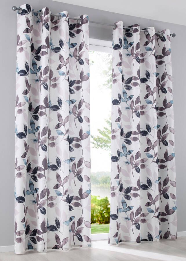Gordijn met bladerprint (1 stuk), wit/petrol, 100% polyester