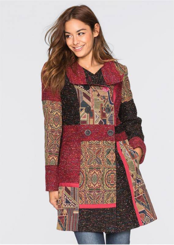 bonprix Korte coat met een materiaal en printmix