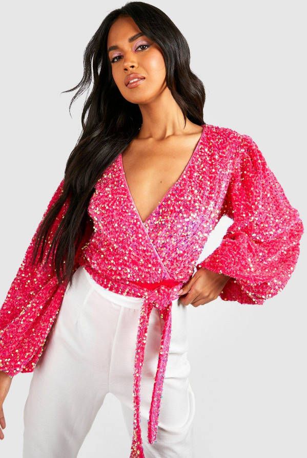 boohoo Fluwelen Glitter One Piece Met Volle Mouwen En Pailletten, Pink