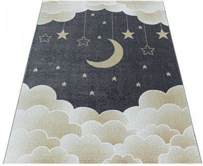 FlyCarpets Kinderkamer Grijs/Geel Vloerkleed Maan En Ster