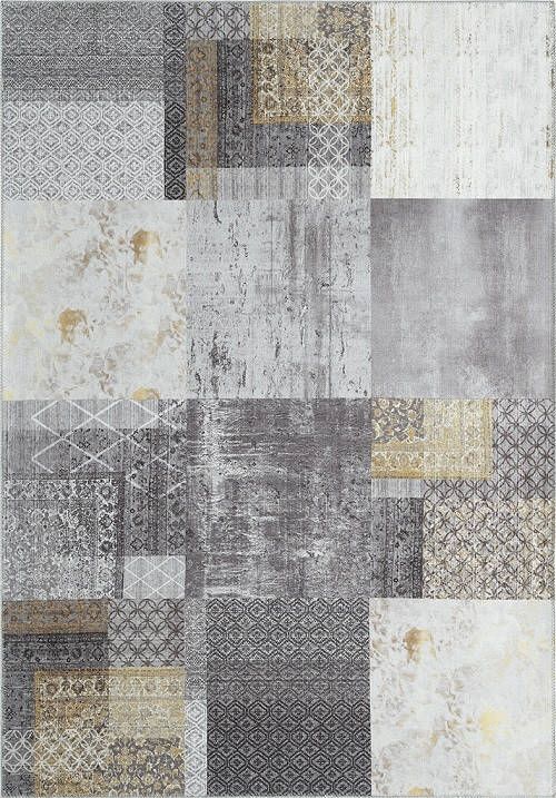 Merinos Laagpolig Vintage Patchwork Vloerkleed Edessa Grijs/Goud 140 x 200 cm