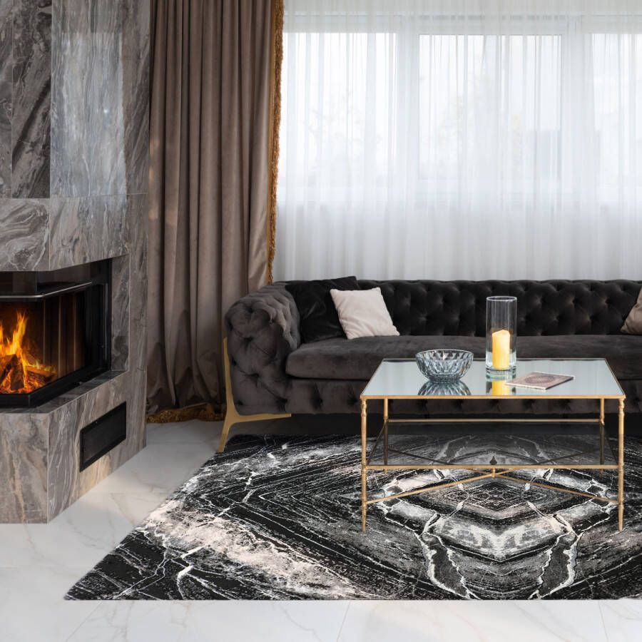 Merinos Vloerkleed Craft deluxe zwart grijs marmer patroon 200 x 290 cm