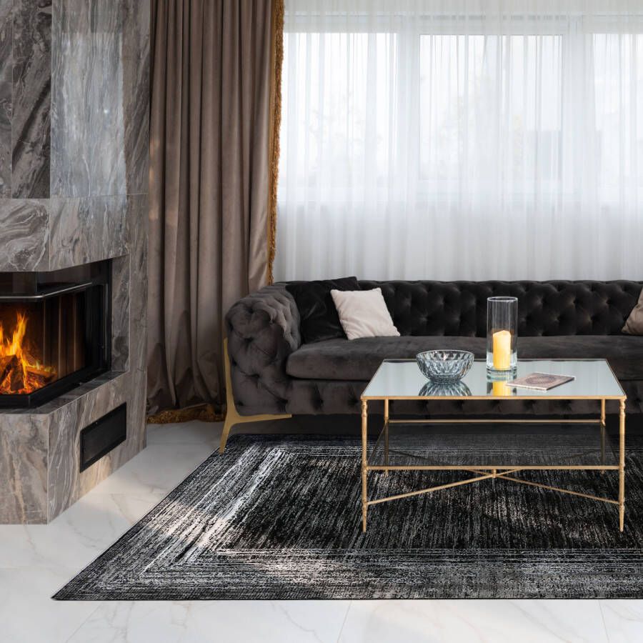 Merinos Vloerkleed Craft deluxe zwart grijs vintage lijst abstract 160 x 230 cm