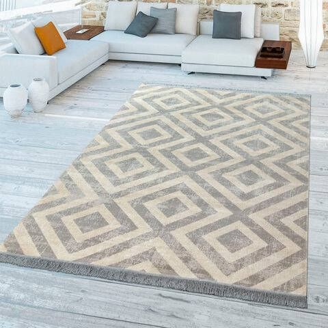 andas Vloerkleed Pocova Korte pool, vintage design, modern ruitenmotief, met franje, woonkamer, geschikt voor binnen en buiten, ideaal op terras of balkon