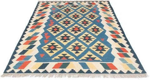 morgenland Wollen kleed Kelim Fars vloerkleed met de hand geweven blauw Laagpolig