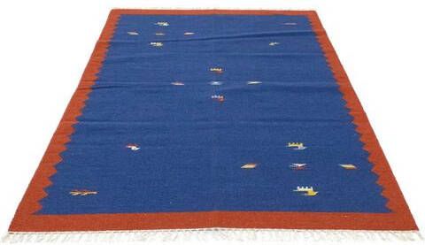morgenland Wollen kleed Kelim vloerkleed met de hand geweven blauw Laagpolig
