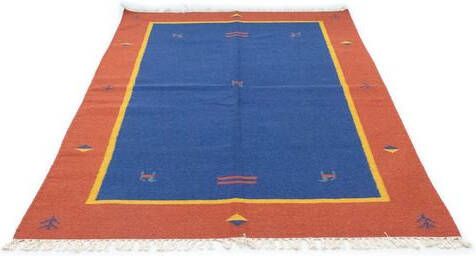 morgenland Wollen kleed Kelim vloerkleed met de hand geweven blauw Laagpolig