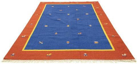 morgenland Wollen kleed Kelim vloerkleed met de hand geweven blauw Laagpolig