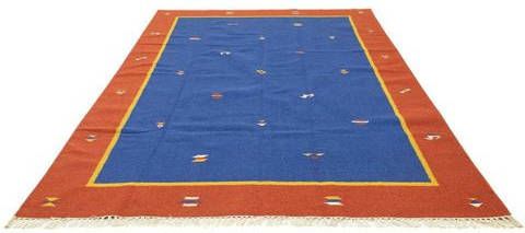 morgenland Wollen kleed Kelim vloerkleed met de hand geweven blauw Laagpolig