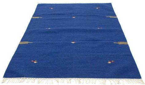 morgenland Wollen kleed Kelim vloerkleed met de hand geweven blauw Laagpolig