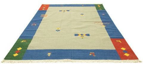 morgenland Wollen kleed Kelim vloerkleed met de hand geweven groen Laagpolig