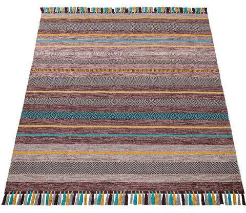 Paco Home Vloerkleed Kilim 213 Handgeweven vloerkleed, platweefsel, puur katoen, met de hand geweven, multicolour gestreept, met franje, ideaal in de woonkamer & slaapkamer