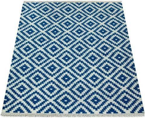 Paco Home Wollen kleed Kenitra 500 Handgeweven vloerkleed, platweefsel, zuivere wol, met de hand geweven, ruitendesign, met franje, ideaal in de woonkamer & slaapkamer