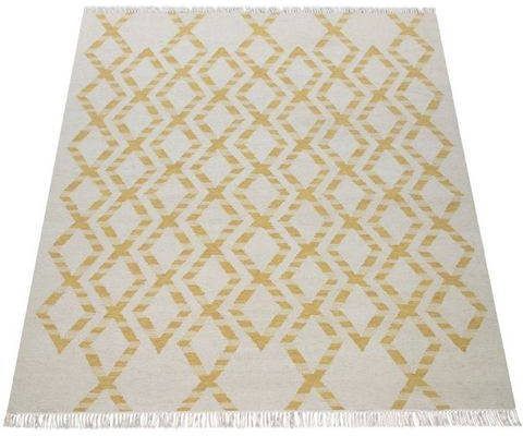 Paco Home Wollen kleed Kenitra 502 Handgeweven vloerkleed, platweefsel, zuivere wol, met de hand geweven, ruitendesign, met franje, ideaal in de woonkamer & slaapkamer