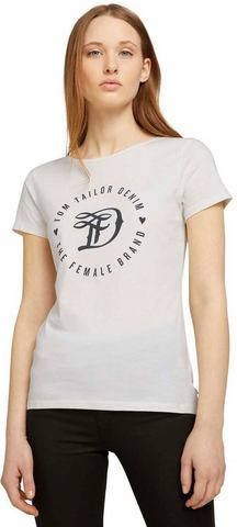 Tom Tailor Denim Shirt met korte mouwen met grote, ronde logoprint in contrastkleur